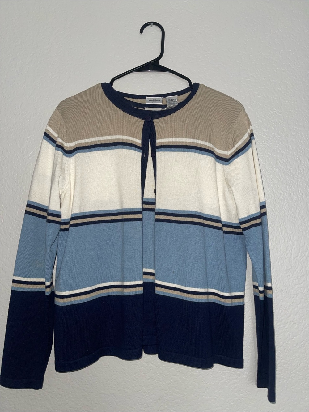 Striped Tie-Neck Cardigan in Navy, Light Blue & Cream